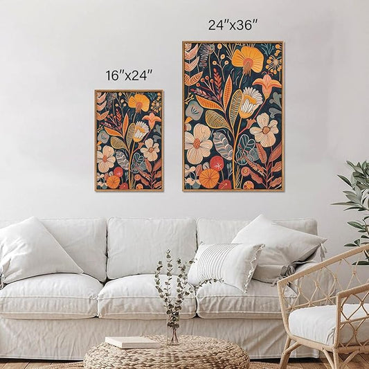 SIGNINART Orange Floral Framed Canvas Wall Art Set of 3, Mid Century Modern Flower Wall Decor, Neutral Plant Artwork, Boho Botanical Art Prints for Bedroom Living Room Office 24"x36"x3