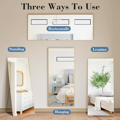 DUMOS 15"x56" Full Length Mirror with Stand, Floor Standing Aluminum Frame, Shatter-Proof Nano Glass for Bedroom, Living Room, Cloakroom – Modern Simple Home Decor,Can Be Hanging or Leaning, Gold