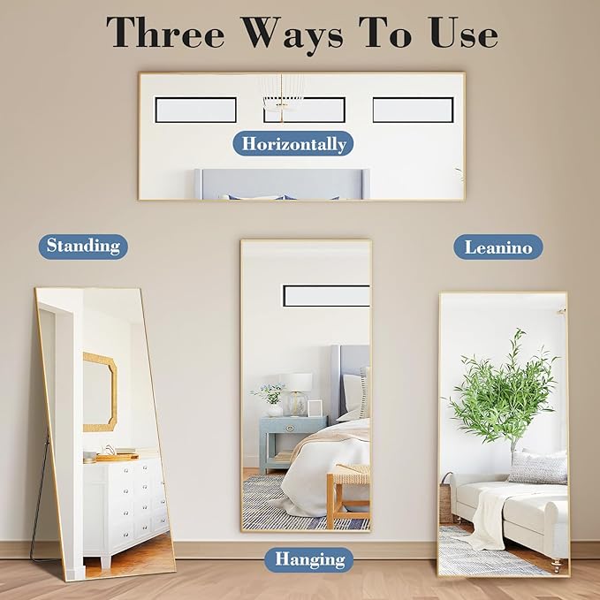 DUMOS Full Length Mirror with Stand, 56"x15" Floor Mirror with Aluminum Alloy Frame for Bedroom, Standing Full Body Mirror with Shatter-proorf Nano Glass for wall, Living Room, Cloakroom, Gold