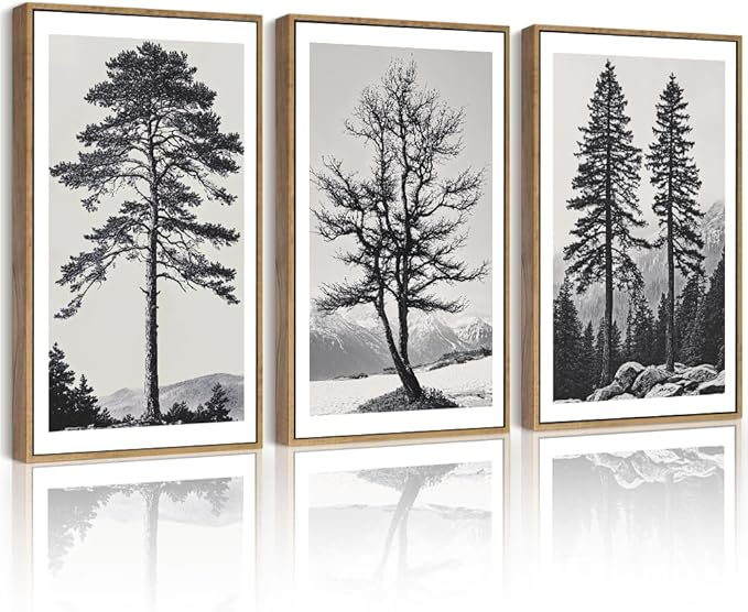 Drsoum Vintage Black Gray Tree Wall Art Framed Antique Retro Forest Prints Modern Rustic Artwork Bedroom Farmhouse Ready to Hang 12x16in Natural Framed