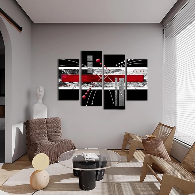 YPY Large Black Red Canvas Wall Art - 4 Panels Modern Abstract Picutre Set for Home Decoration - Contemporary Painting Artwork Ready to Hang Living Room Bedroom W48 x H36