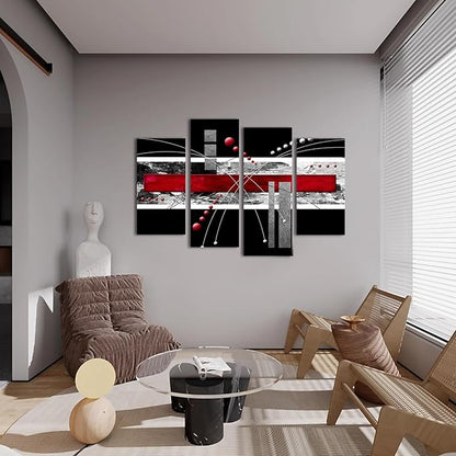 YPY Large Black Red Canvas Wall Art - 4 Panels Modern Abstract Picutre Set for Home Decoration - Contemporary Painting Artwork Ready to Hang Living Room Bedroom W48 x H36