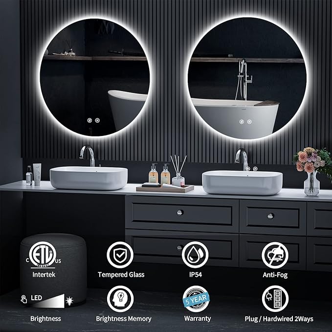 LED Round Bathroom Mirror, 36 Inch Backlit Wall Mounted Bathroom Mirror with Lights, Frameless Vanity Mirror with 3 Color Lights, CRI 95+, Anti-Fog, Shatter-Proof