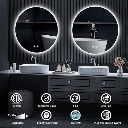 LED Round Bathroom Mirror, 36 Inch Backlit Wall Mounted Bathroom Mirror with Lights, Frameless Vanity Mirror with 3 Color Lights, CRI 95+, Anti-Fog, Shatter-Proof