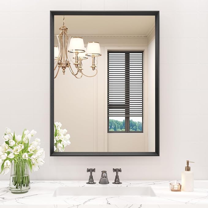 JISOSO Rectangle Bathroom Mirror 28x36 Inch, Matte Black Framed, 4MM Tempered Glass, Anti-Rust, Wall-Mount Vanity Mirror for Bathroom & Bedroom, Hangs Horizontally or Vertically