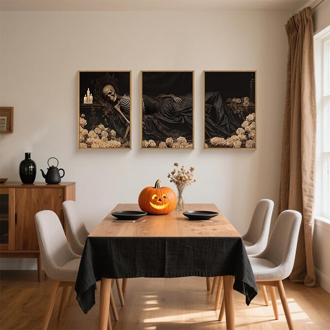 Spooky Halloween Dark Gothic Skull Framed Canvas Wall Art Set,Vintage Skeleton Wall Decor,Moody White Roses Candle with Silk Drape Artwork for Living Room,Bedroom,Farmhouse-24 x36 x3