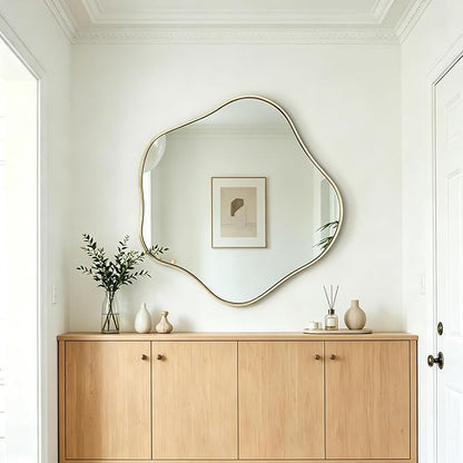 Irregular Round Mirror, 28" Scalloped Mirror with Gold Metal Frame, Modern Asymmetrical Wall Mirrors Decorative, Wavy Shaped Mirrors for Living Room Bathroom Bedroom Hallway Entryway