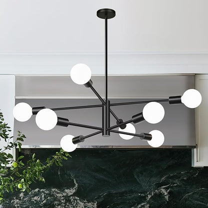 10.9"-52.3" Height Adjustable Sputnik Chandeliers Dining Room Light Fixture (8-Light, 30-Inch), Modern Black Chandelier, Mid Century Modern Chandeliers for Dining Room Kitchen (Bulbs Not Included)
