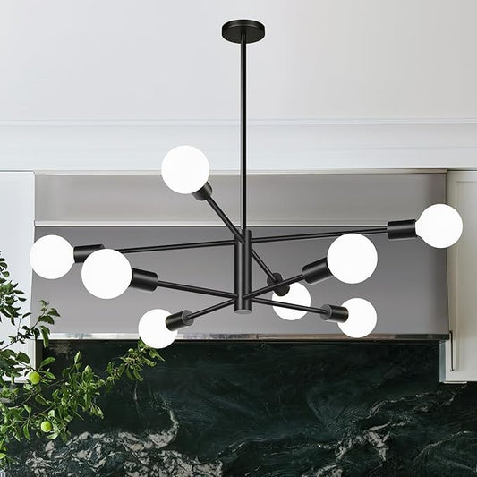 10.9"-52.3" Height Adjustable Sputnik Chandeliers Dining Room Light Fixture (8-Light, 30-Inch), Modern Black Chandelier, Mid Century Modern Chandeliers for Dining Room Kitchen (Bulbs Not Included)
