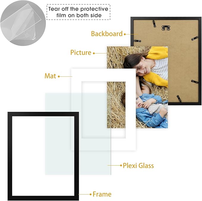 Golden State Art, 11x14 Picture Frame Set of 6 - Matted to 8x10 Photo - Engineered Wood Gallery Frame Set - Wall Mounting (Black,6 Pack)