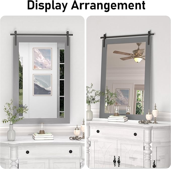 Farmhouse Wall Mirror, Rustic Wood Frame Bathroom Mirror Barn Door Inspired Decorative Vanity Dress Mirrors for Living Room Entryway, 24x36 INCH Gray Vertical