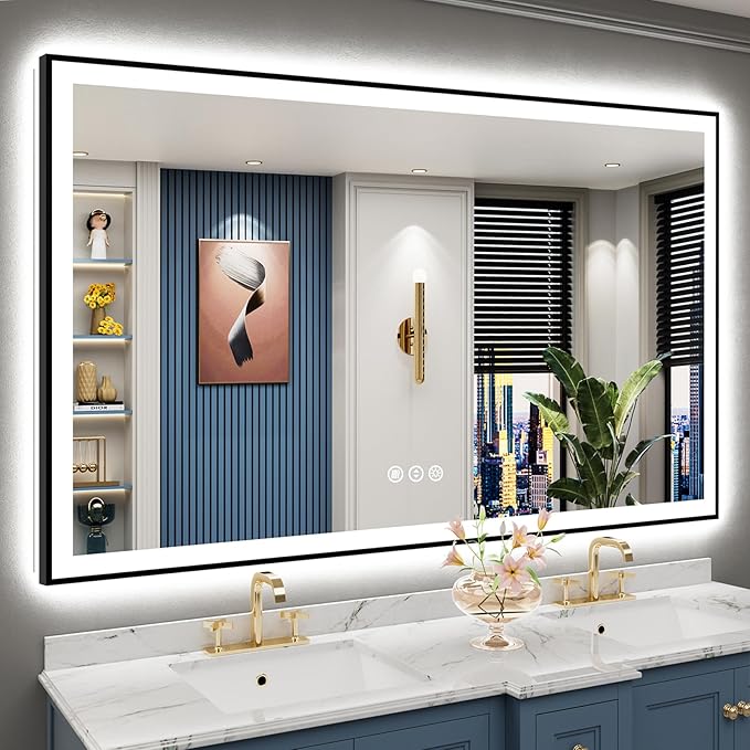 66x40 Black Framed LED Bathroom Mirror with Lights, Backlit and Front Lit Anti-Fog Lighted Vanity Mirrors for Bathroom Wall, Dimmable, 3 Colors, Memory, HD Tempered Glass, Horizontal/Vertical