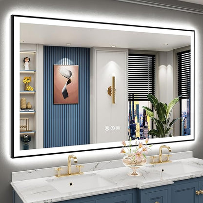 66x40 Black Framed LED Bathroom Mirror with Lights, Backlit and Front Lit Anti-Fog Lighted Vanity Mirrors for Bathroom Wall, Dimmable, 3 Colors, Memory, HD Tempered Glass, Horizontal/Vertical