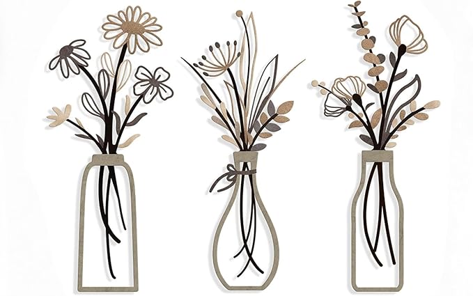 RISCORIO 3 Pieces Flower Wall Decor Minimalist Wall Art, Metal Flowers Wall Arts for Dining Room, Living Room, Bedroom, Bathroom, Kitchen, Rustic Farmhouse Decor, Brown