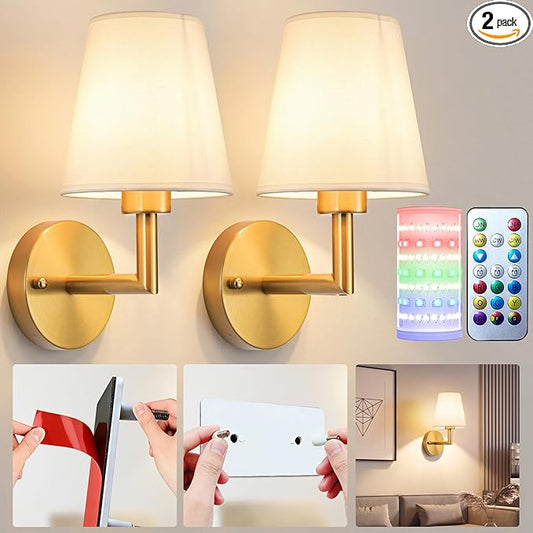 Nekhung Battery Operated Wall Sconces Set of 2, Wireless Wall Light with 10000mAh RGB Dimmable Magnetic Bulb, Rechargeable Wall Sconce with Remote Control for Bedroom Living Room