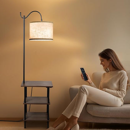 EOEYYOYB Floor Lamp with 3-Tier Shelves, End Table Lamp with USB Charging Port Power Outlet, Side Table Reading Light with 3 Color Temperature Led Bulb Included, Floor Lamps for Living Room, Walnut