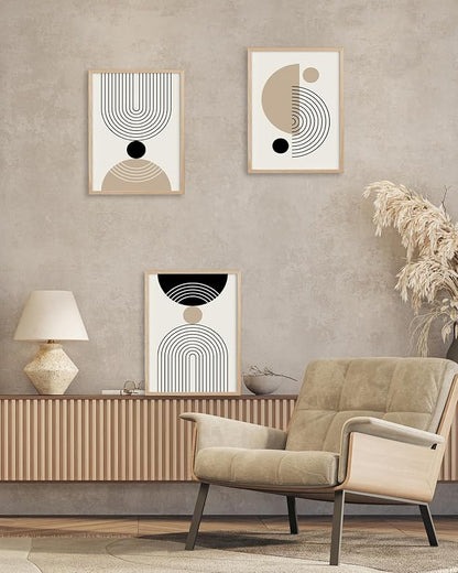 HesenDot Unframed Abstract Geometric Line Wall Art Set of 3, 12x16in Boho Mid Century Canvas Prints, Modern Arch Posters, Neutral Minimalist Wall Decor for Living Room Bedroom Bathroom Study