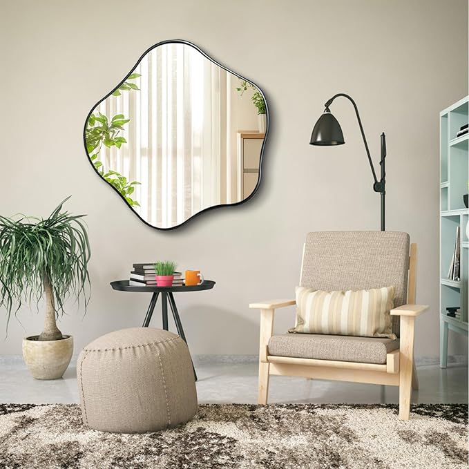 Irregular Shaped Mirror, 28" Asymmetrical Rounded Mirror Decorative, Modern Abstract Wall Mirrors with Metal Frame, Scalloped Mirrors for Living Room Bathroom Bedroom Hallway Entryway