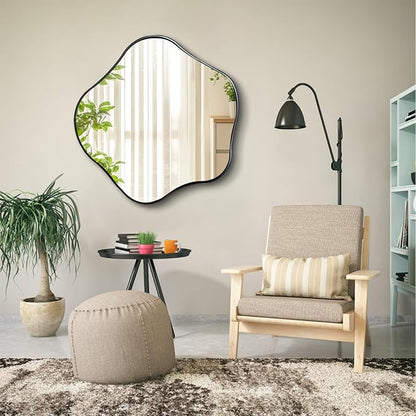Irregular Shaped Mirror, 28" Asymmetrical Rounded Mirror Decorative, Modern Abstract Wall Mirrors with Metal Frame, Scalloped Mirrors for Living Room Bathroom Bedroom Hallway Entryway