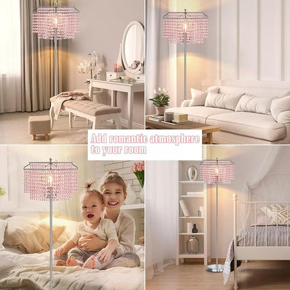 Luvkczc Pink Crystal Floor Lamp, 64" Tall Standing Lamps with Double-Layer Lampshade, Floor Lamps with On/Off Foot Switch, Elegant Floor Lamp for Living Room, Girl Bedroom, Dresser, Office