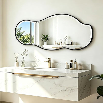 POZINO Irregular Beveled Mirror, 40"x18" Premium Bathroom Vanity Mirror with Metal Frame, Asymmetrical Organic Shaped Wall Mirrors for Living Room Bedroom Hallway Entryway, Horizontal/Vertical Hanging