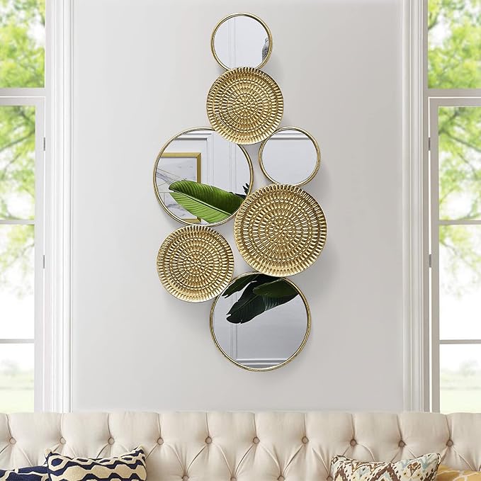 Oakrain Home Decor Metal Wall Decor with Multi Circle Plates Mirror, Large Modern Wall Art Sculpture Decor for Living Room, Office, Bedroom, 43.3 X 1.9 X 20.9 Inches, Gold