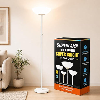 Modern Floor Superlamp 10000 Lumen - LED 75W, Dimmable 5 Changing Color, 85 CRI All Around Light, Tall Corner Standing Lamp with Cement Base and Acrylic Shade, Glare Free UpLight Kit Ready - White