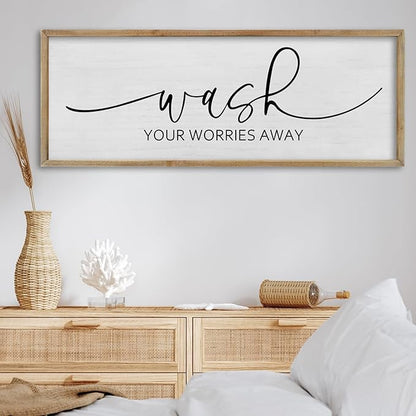 FZMHASLWW Funny Laundry Room Bathroom Wall Decor Wash Your Worries Away Sign 32"×12" Inspirational Quote Art for above the Bathtub Restroom Large Minimalist Wood Framed Hanging Plaqu (Wood)