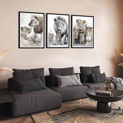 3 Pieces Lion Family Framed Canvas Wall Art Watercolor Safari Lion Picture Wall Decor for Farmhouse Modern Wildlife Animals Print Artwork for Office Nursery Decoration Easy to Hand 16x24inchx3pcs