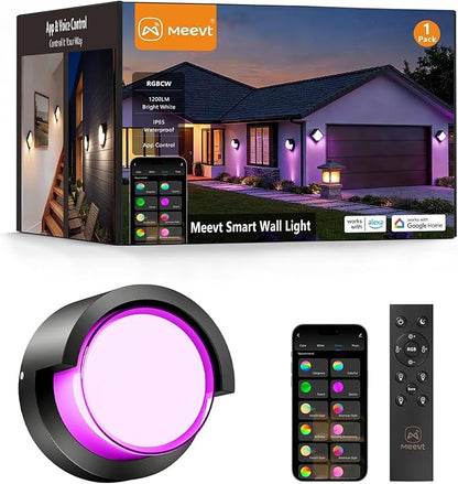 Meevt Smart Outdoor Wall Lights, 1200LM RGBCW Porch Lights, IP65 Waterproof Exterior Wall Sconce, Work with Alexa & Google Assistant, App & Remote Control Wall Lights for Patio, Garage, Round, 1 Pack