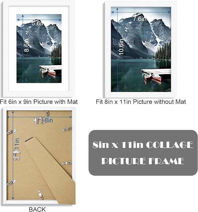 Hongkee 8x11 Picture Frame with Real Glass - Display Pictures 6x9 with Mat or 8 x 11 without Mat, Photo Frame for Wall or Table Top Display(White, 3 Pack)