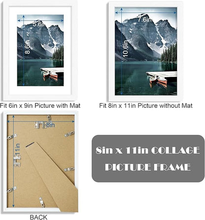 Hongkee 8x11 Picture Frame with Real Glass - Display Pictures 6x9 with Mat or 8 x 11 without Mat, Photo Frame for Wall or Table Top Display(White, 3 Pack)