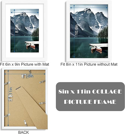 Hongkee 8x11 Picture Frame with Real Glass - Display Pictures 6x9 with Mat or 8 x 11 without Mat, Photo Frame for Wall or Table Top Display(White, 3 Pack)