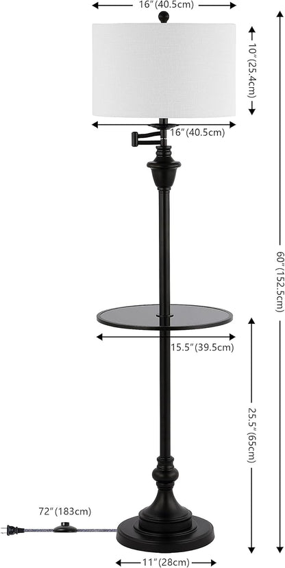 JONATHAN Y 60" Black Floor Lamp with Integrated Glass Side Table, Modern Swing Arm Standing Lamp for Living Room, White Linen Shade, LED Bulb Included (JYL3055D)