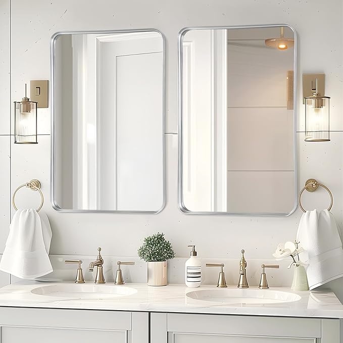 Fabuday Bathroom Wall Mirror Rectangle - 36x24 Inch Large Over Sink Framed Mirror Silver, Rectangular Brushed Mirrors Hanging for Bedroom, Restroom, Living Room, Entryway Decor
