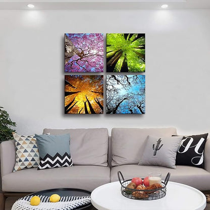 MESESE Art 4 Panels Canvas Wall Art Spring Summer Autumn Winter Four Seasons Landscape Color Tree Painting Picture Prints Modern Giclee Artwork Stretched and Framed for Living Room Home Decoration