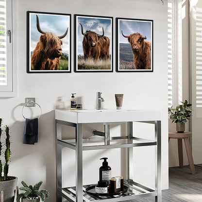 Highland Cow 3 Plane Framed Canvas Wall Art Rustic Cow Decor for Country House Apartment Living Room Vintage Farmhouse Animal Portrait Print Artwork Wall Decor Easy to Hand 12x16inchx3pcs