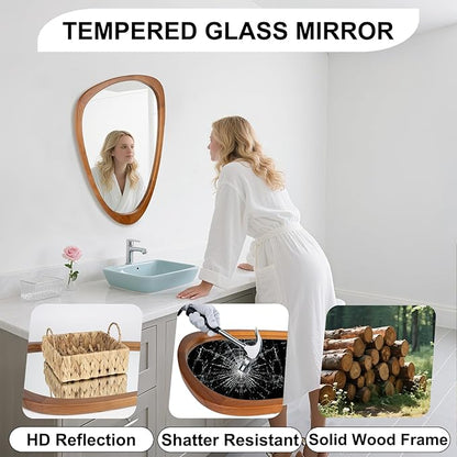 Irregular Wall Mirror Asymmetrical Bathroom Mirror, Wall Mounted Decorative Mirror with Wooden Frame for Living Room, Vanity, Bedroom, Entryway, Hallway (19" x 30")