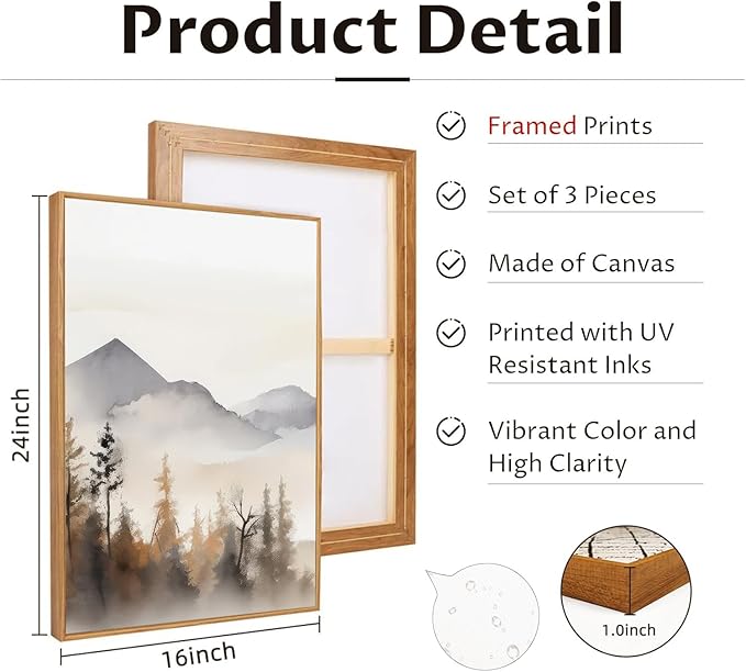 TBKHUDBI Framed Neutral Mountain Wall Art Forest Landscape Canvas Painting Prints Set of 3 Abstract Nature Watercolor Picture Wall Decor for Living Room Bedroom Bathroom Office 16"x24"in