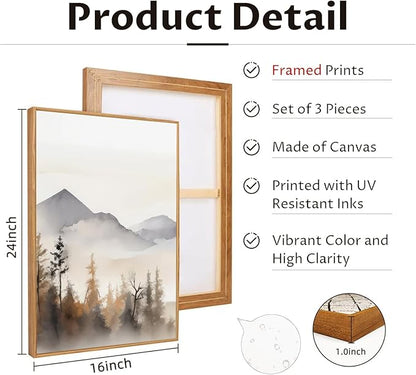 TBKHUDBI Framed Neutral Mountain Wall Art Forest Landscape Canvas Painting Prints Set of 3 Abstract Nature Watercolor Picture Wall Decor for Living Room Bedroom Bathroom Office 16"x24"in