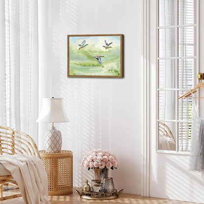 Vintage Mallard Duck Wall Art Cottagecore Flying Ducks Wall Decor Painting Rustic Bird Animal Landscape 3D Textured Hand Drawn Sandstone Artwork for Living Room Bedroom 16x24 inch Framed