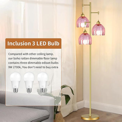 AHDWDW Gold Floor Lamp for Living Room Bedroom,3 Lights Vintage Tree Floor Lamps with Pink Glass Flower Shade,Mid Century Modern Floor Lamp for Corner Office,68IN Unique Tall Standing Lamp with Bulb