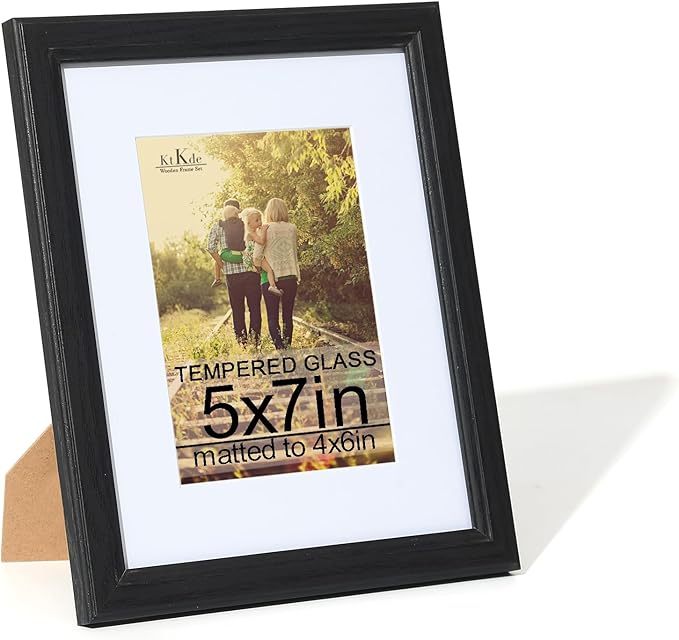KTKDE 5x7 Picture Frame, Photo Frame Black with Real Glass for Picture 4x6 photo with Mat or 5x7 photo without Mat, Composite Wood Picture Frames for Table Top and Wall best gift