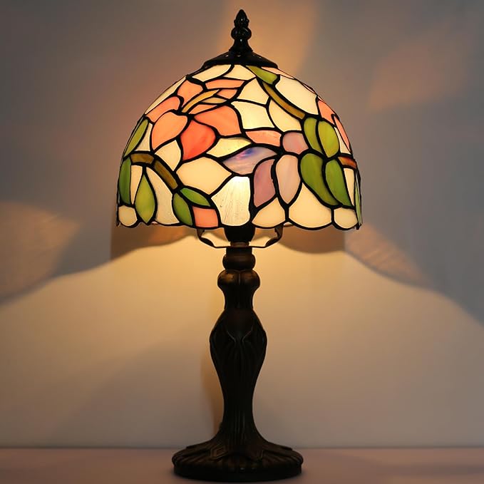 Tiffany Style Lamp Stained Glass Table Lamp 8 x 14.5” Pink Flower Design Mini Accent Lamp Small Decorative Bedside Memory Light
