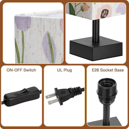 aooshine Flower Table Lamp for Bedroom - Bedside Lamp for Nightstand, Minimalist Night Stand Light Lamp with Square Fabric Shade, Desk Reading Lamps for Kids Room Living Room Office Dorm