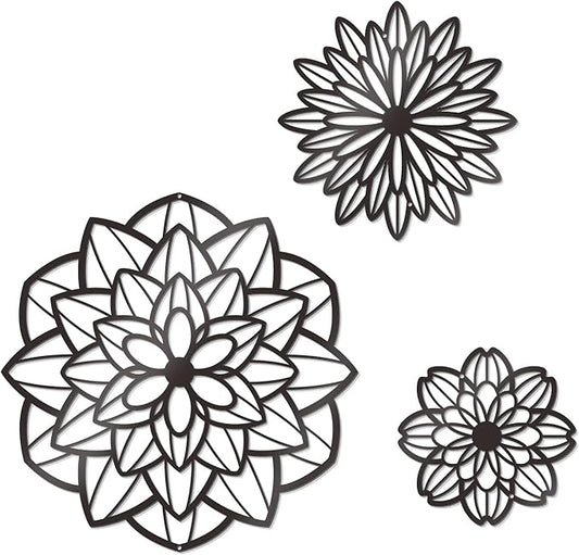 Zzbakress 3 Pcs Metal Flowers Wall Decor Black Wall Decor Metal Flower Art Farmhouse Wall Art Multiple Flowers Hanging Decor for Bathroom Living Room Kitchen Garden Office (Black Modern)