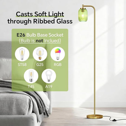 Vintage Glass Floor Lamp for Living Room, Bedroom, Modern Green Ribbed Glass Standing Lamp with Pedal Switch, 67'' Tall, Brushed Gold