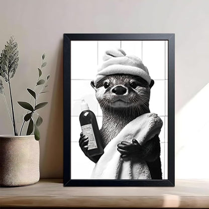 ARKZSHO Black and White Bathroom Wall Art, Funny Otter Is Getting Ready Bath Canvas Print Picture, Modern Farmhouse Wall Decor Painting, Cute Animal Bathroom Restroom Home Decoration 12x16 Inch Wood Framed