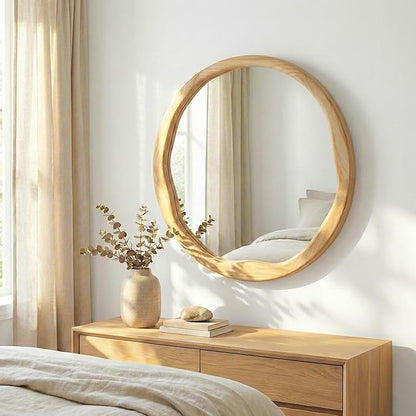 Natural Wood Round Mirror 24 Inch, Solid Wood Framed Wall Mirror with Irregular Wavy Inner Edge for Bathroom Vanity, Bedroom & Boho Decor