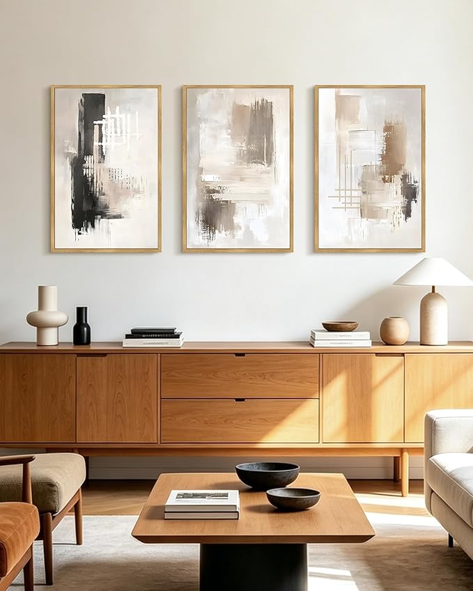 PHOPAGO Modern Abstract Framed Wall Art Large 16x24in Mid Century Minimalist Beige Pastel Neutral Wall Decor for Living Room Hallway - Natural Framed